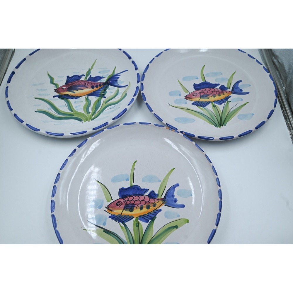 Vietri Italy Hand Painted Fish 11" Dinner/Wall Plates Set of 3 Blue Rim Ceramic